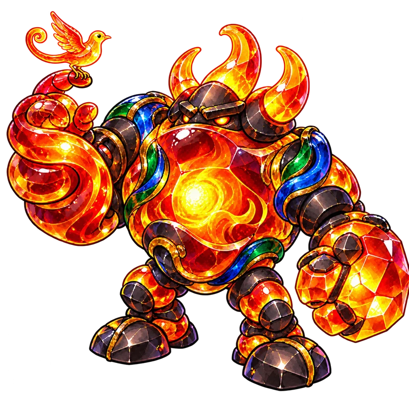 Glassfire Artisan concept — a fiery glass golem with a firebird