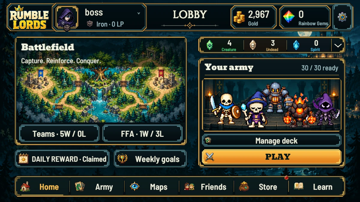Actual Rumble Lords lobby with Battlefield, Your army, skins, and the Play button